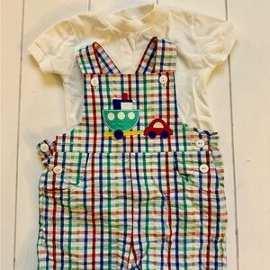 Florence Eiseman Colorful Plaid Kids Shorts Overalls + White T-Shirt